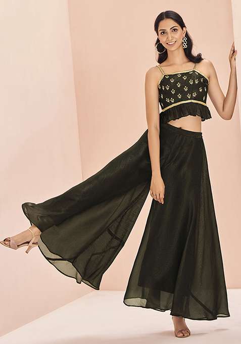 Black Embroidered Art Silk Kurta Set