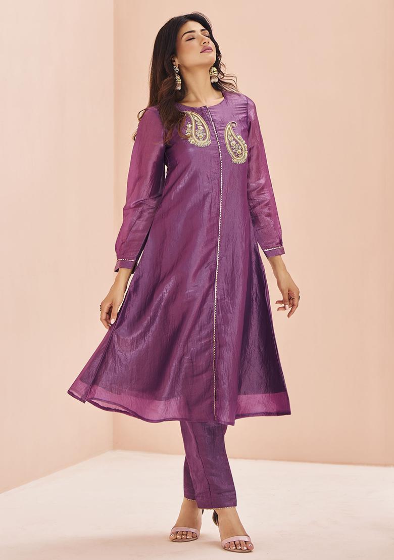 Purple Embroidered Organza Kurta Set