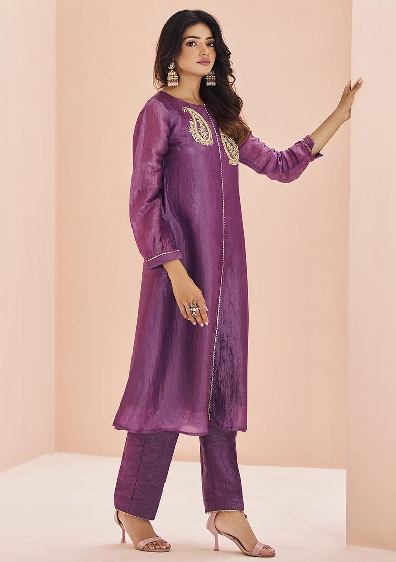 Purple Embroidered Organza Kurta Set