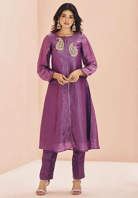 Purple Embroidered Organza Kurta Set