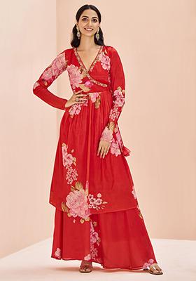 Red Floral Print Chinon Kurta Set