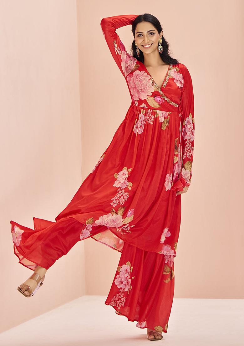 Red Floral Print Chinon Kurta Set