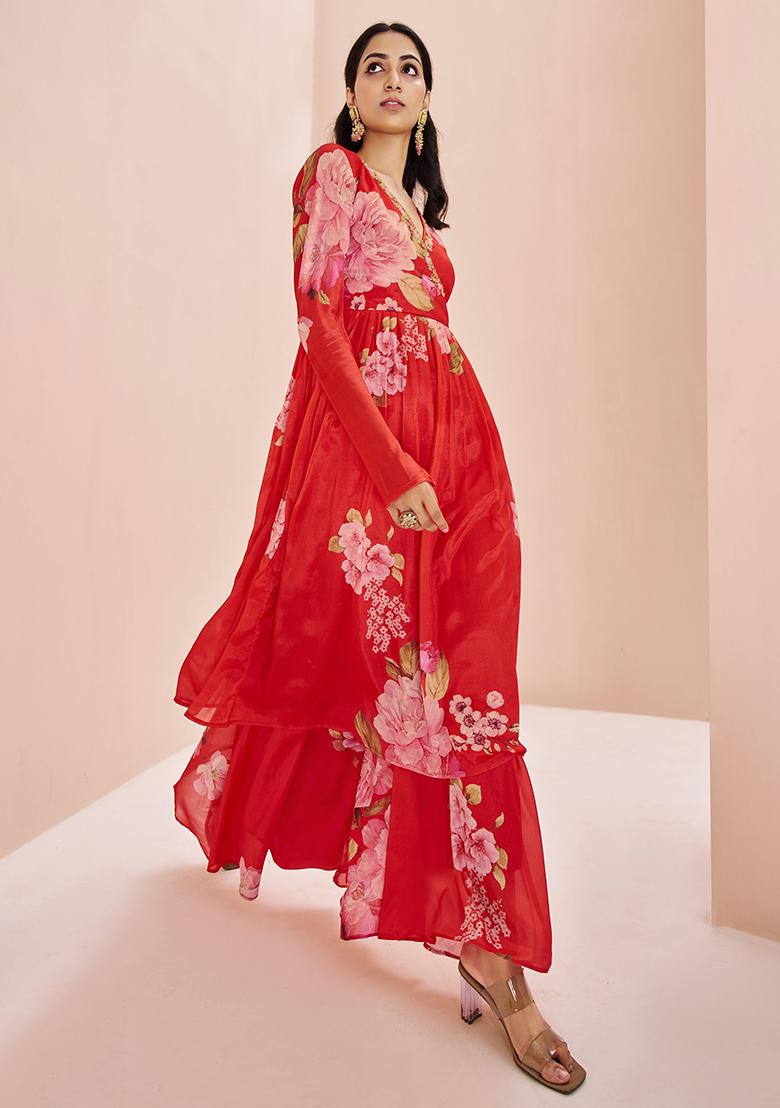 Red Floral Print Chinon Kurta Set