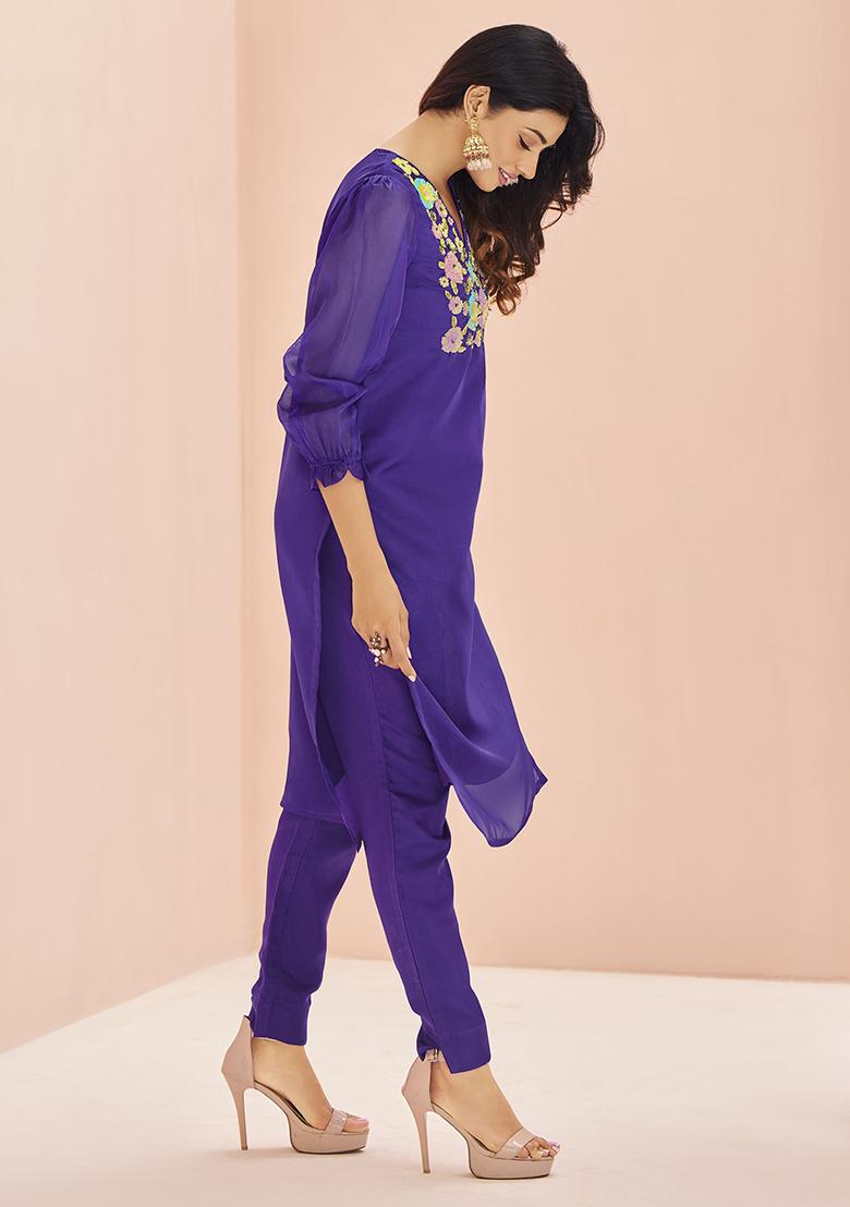 Purple Sequin Embroidered Organza Kurta Set