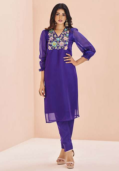 Purple Sequin Embroidered Organza Kurta Set