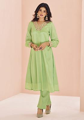 Green Embroidered Chinon Kurta Set