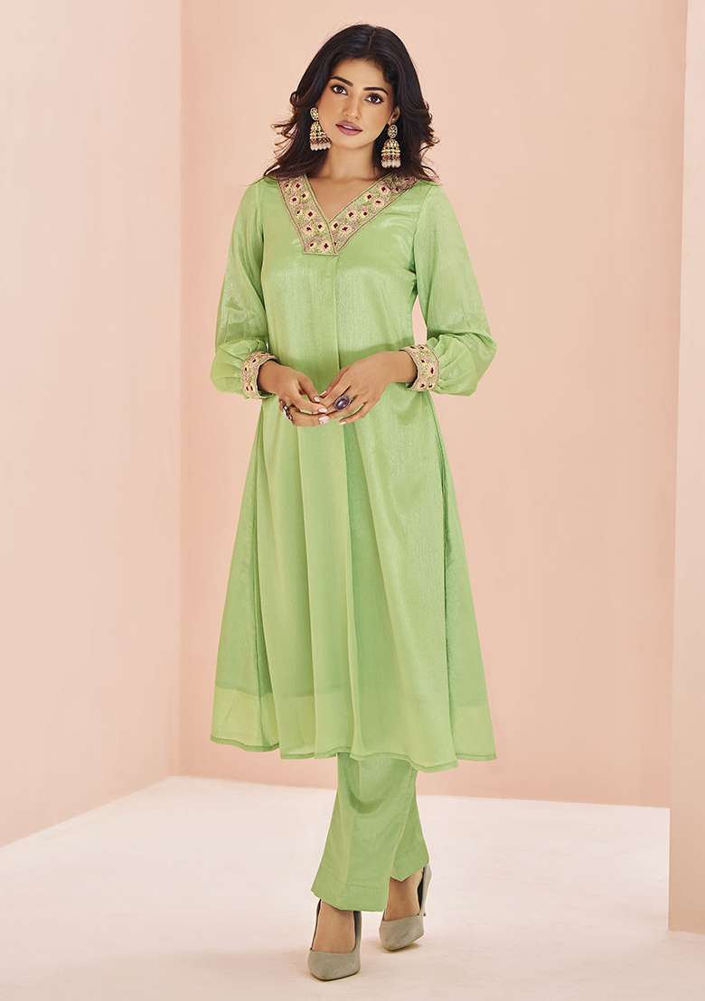 Green Embroidered Chinon Kurta Set - Indya