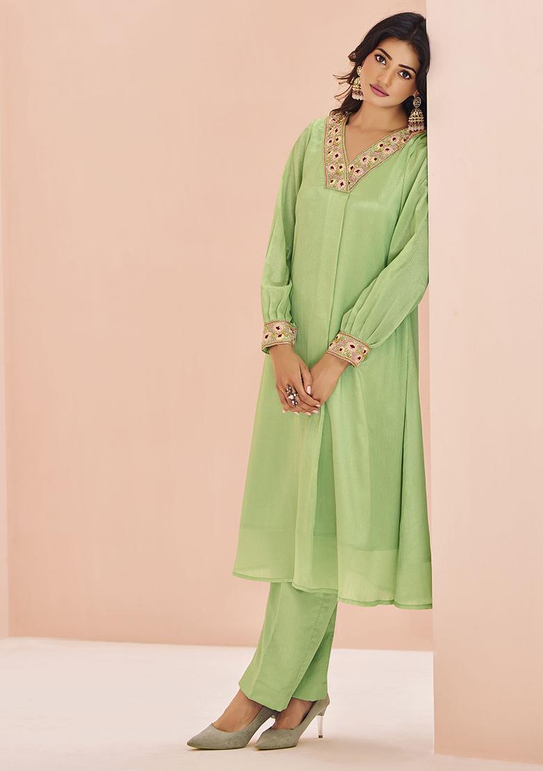 Green Embroidered Chinon Kurta Set