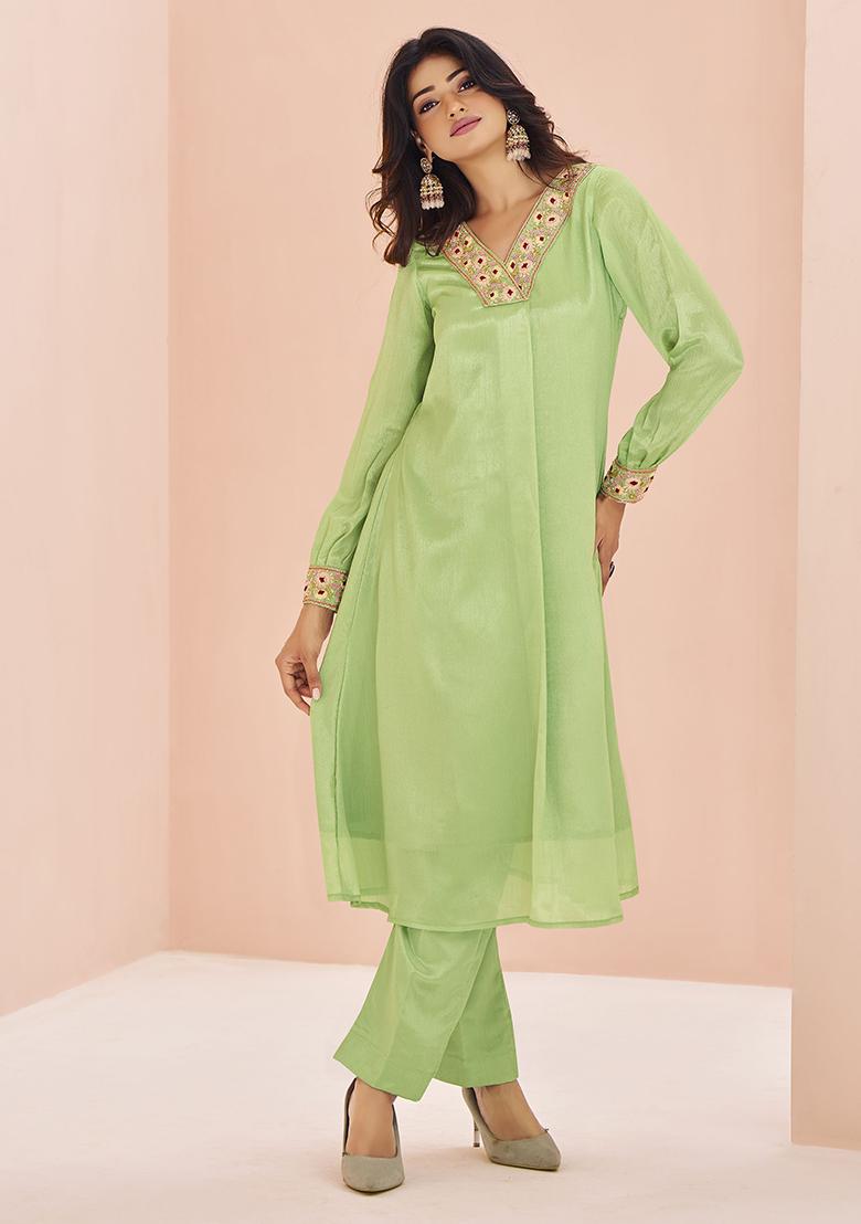 Green Embroidered Chinon Kurta Set