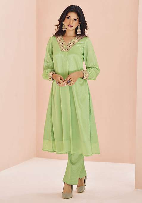 Green Embroidered Chinon Kurta Set