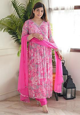 Pink Floral Print Chinon Kurta Set