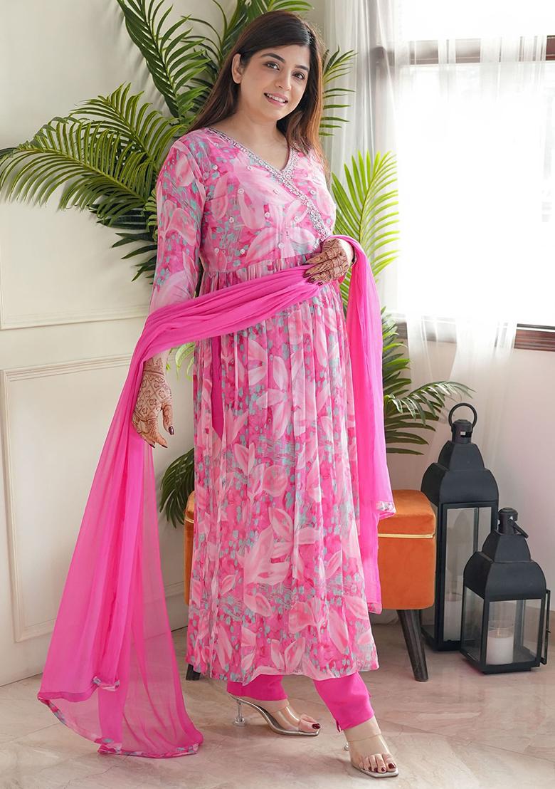 Pink Floral Print Chinon Kurta Set
