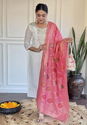 Off White Embroidered Chanderi Kurta Set