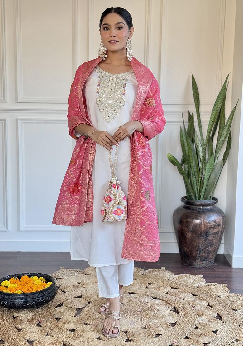Off White Embroidered Chanderi Kurta Set