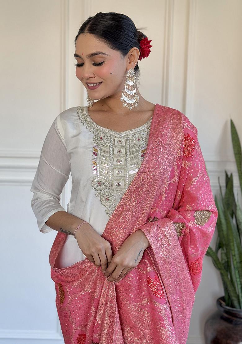 Off White Embroidered Chanderi Kurta Set