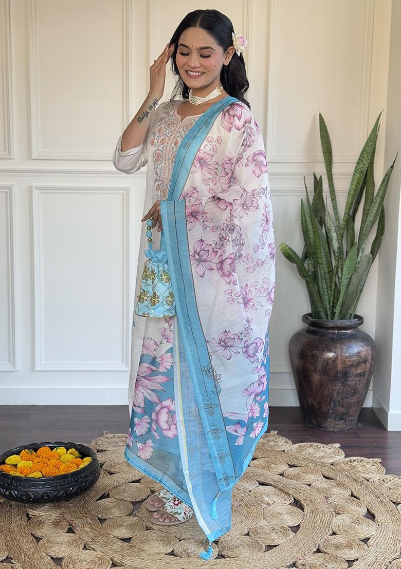 Off White Embroidered Viscose Kurta Set