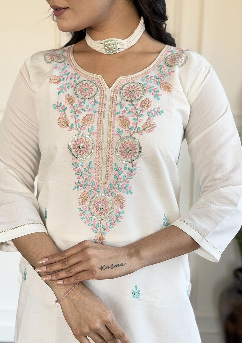 Off White Embroidered Viscose Kurta Set