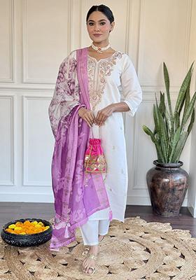 Off White Embroidered Viscose Kurta Set