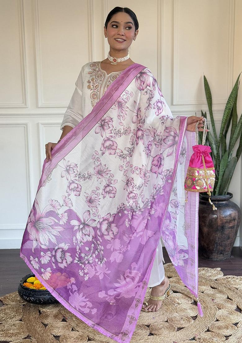 Off White Embroidered Viscose Kurta Set