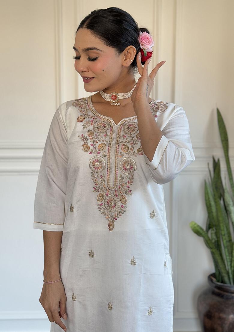 Off White Embroidered Viscose Kurta Set