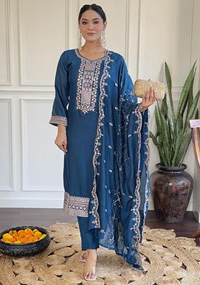 Blue Embroidered Silk Kurta Set