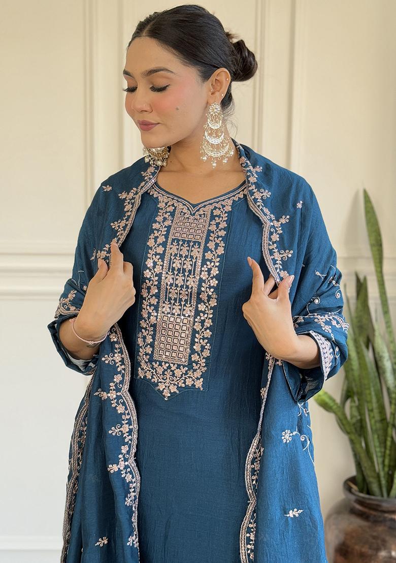 Blue Embroidered Silk Kurta Set