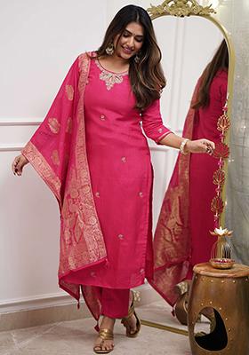 Pink Embroidered Viscose Kurta Set