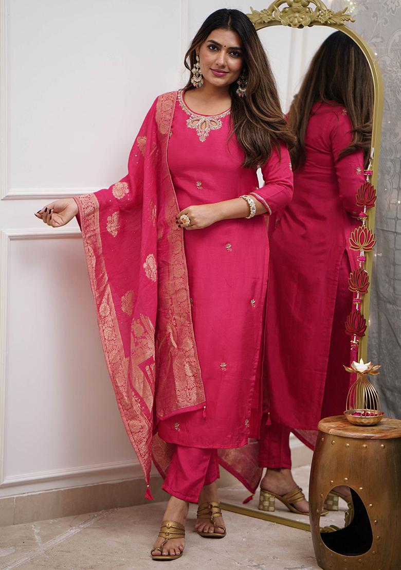 Pink Embroidered Viscose Kurta Set