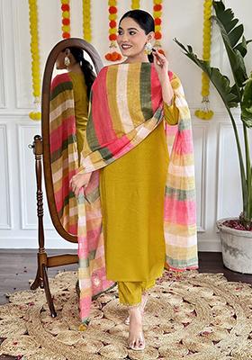 Yellow Embroidered Viscose Kurta Set