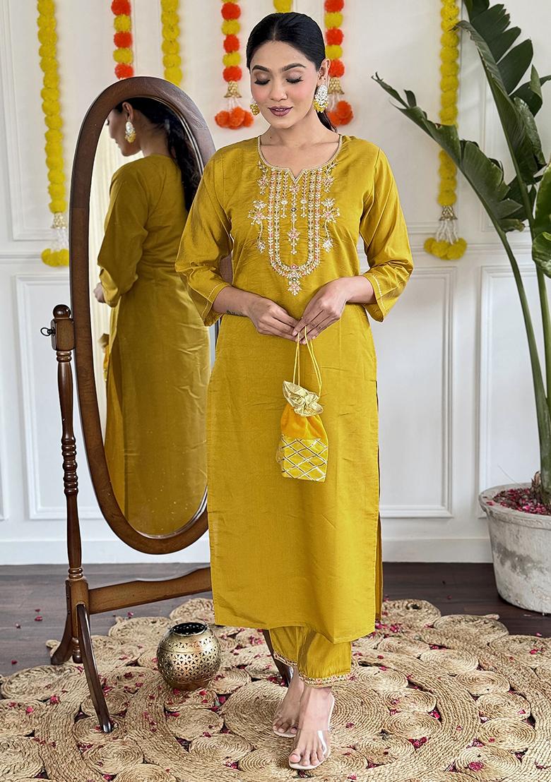 Yellow Embroidered Viscose Kurta Set