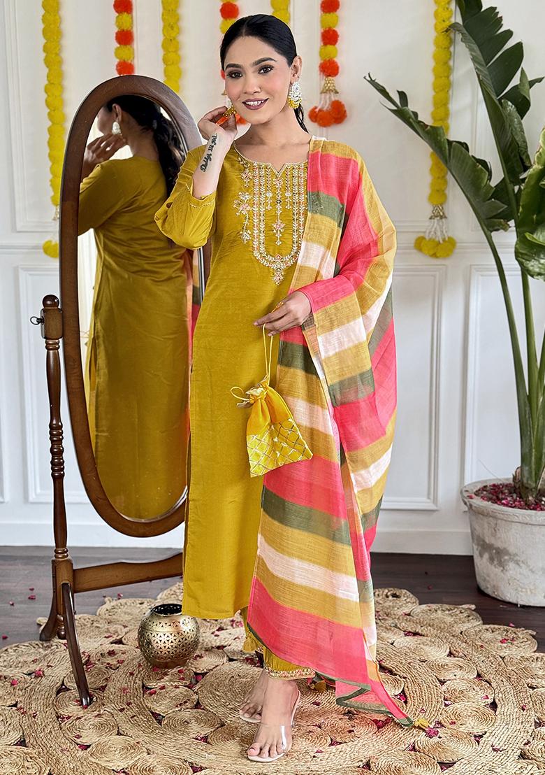 Yellow Embroidered Viscose Kurta Set
