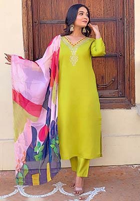 Green Sequin Embroidered Rayon Kurta Set