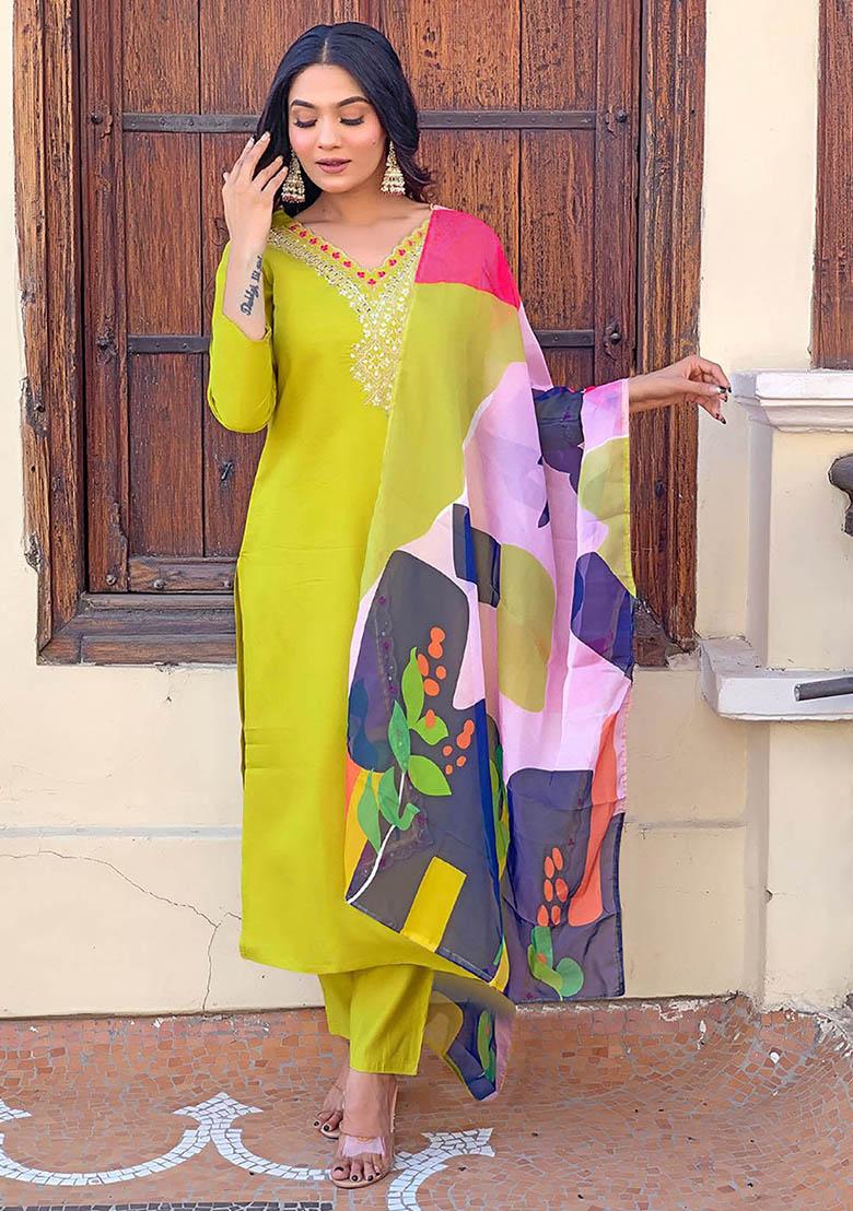 Green Sequin Embroidered Rayon Kurta Set