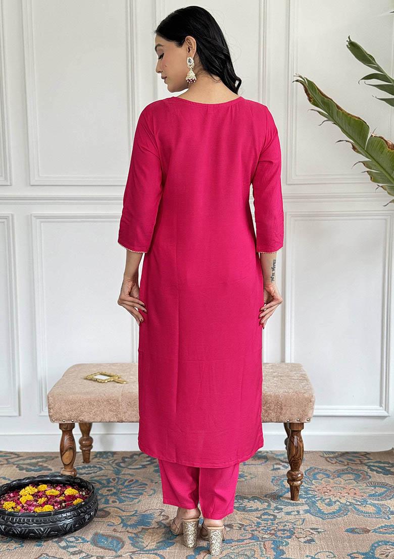 Pink Embroidered Viscose Kurta Set