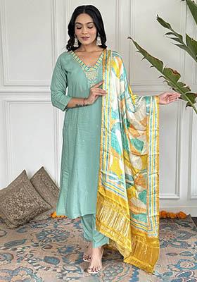 Sky Blue Embroidered Viscose Kurta Set