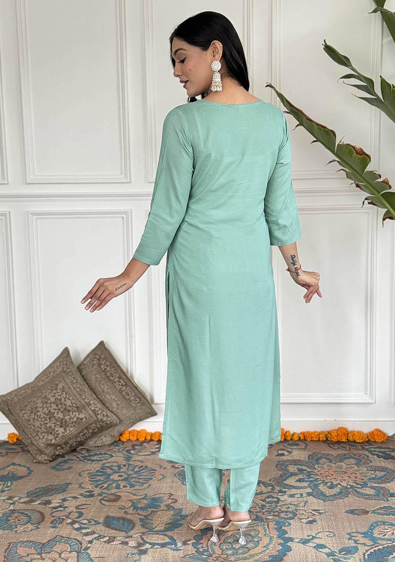 Sky Blue Embroidered Viscose Kurta Set