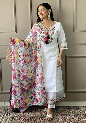 White Floral Print Chanderi Kurta Set