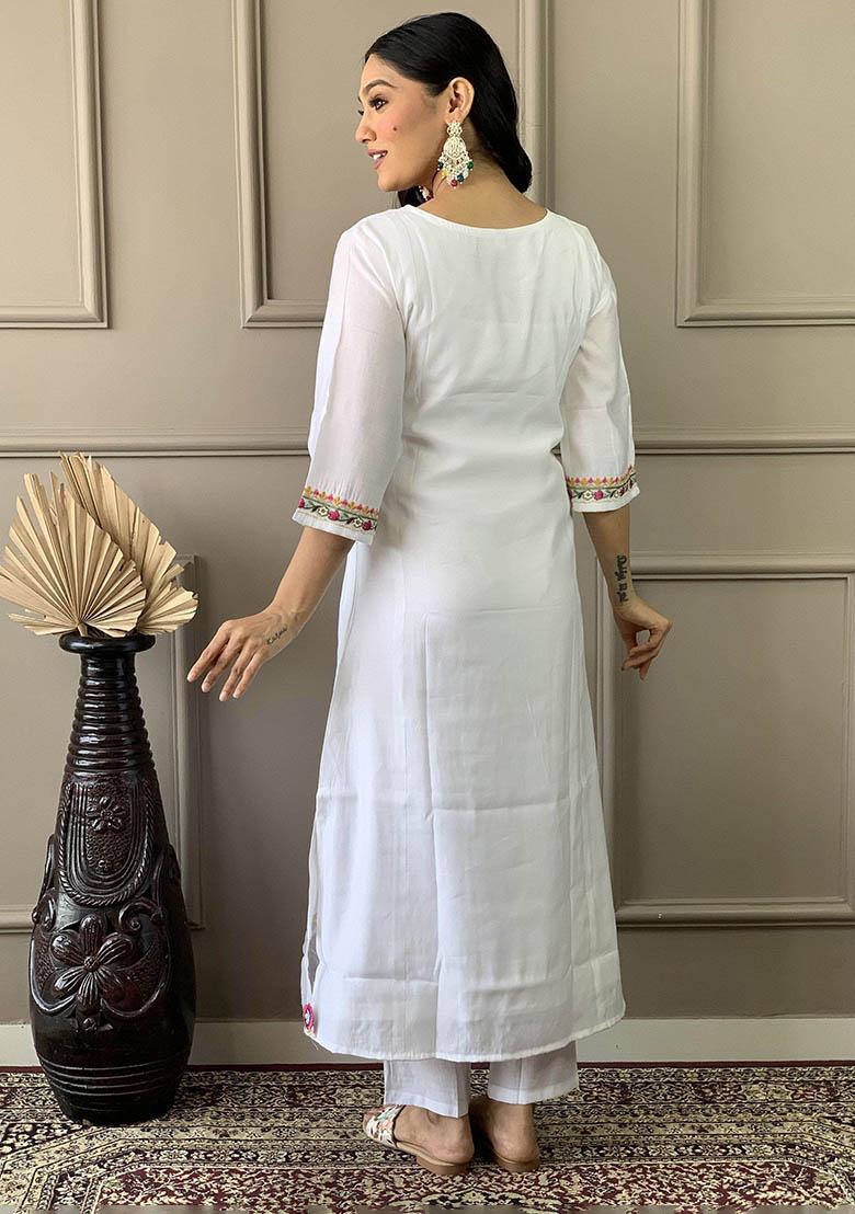 White Floral Print Chanderi Kurta Set