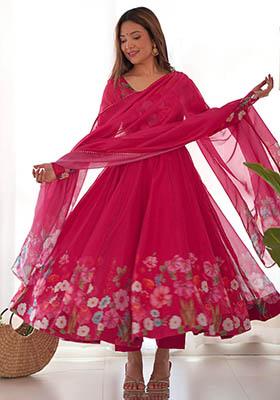 Pink Floral Print Organza Kurta Set