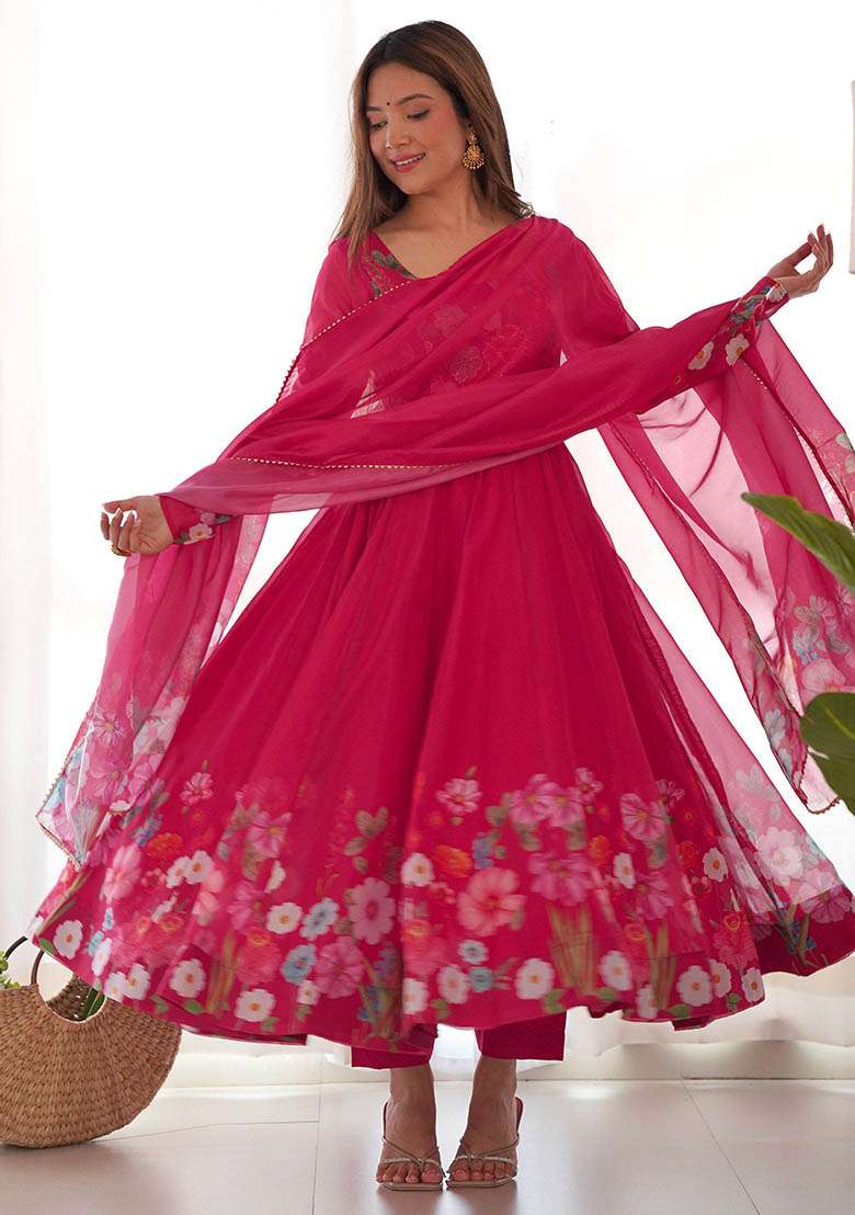 Pink Floral Print Organza Kurta Set - Indya