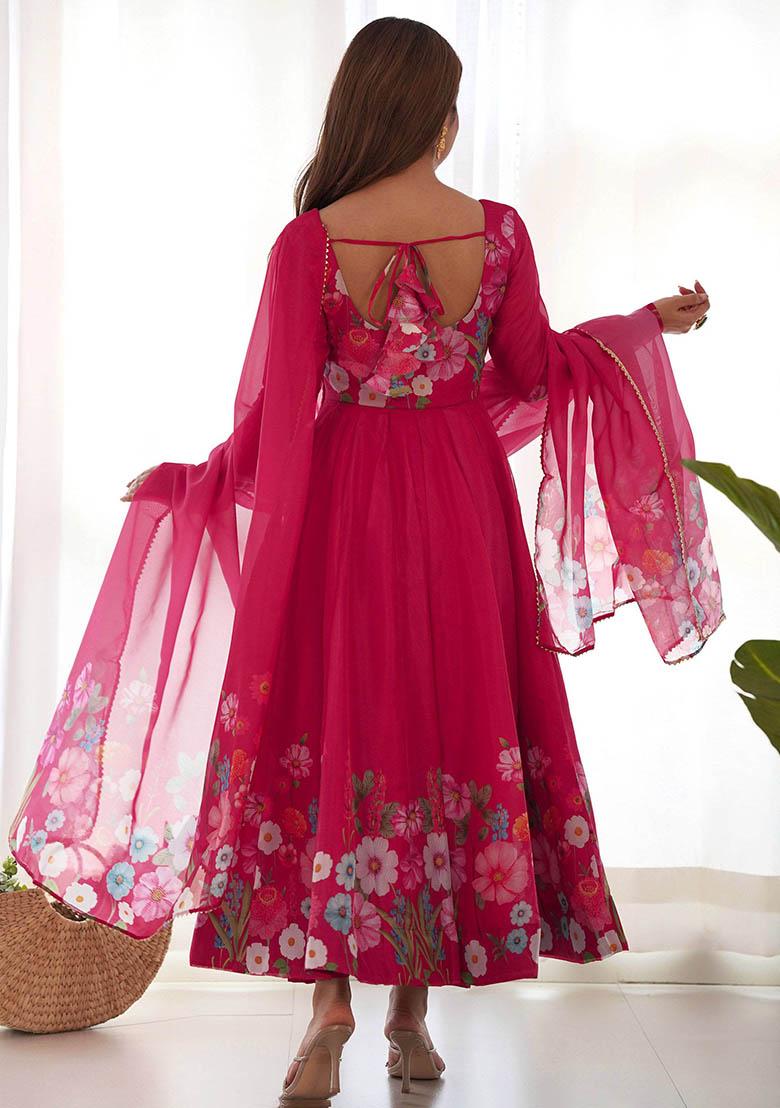 Pink Floral Print Organza Kurta Set