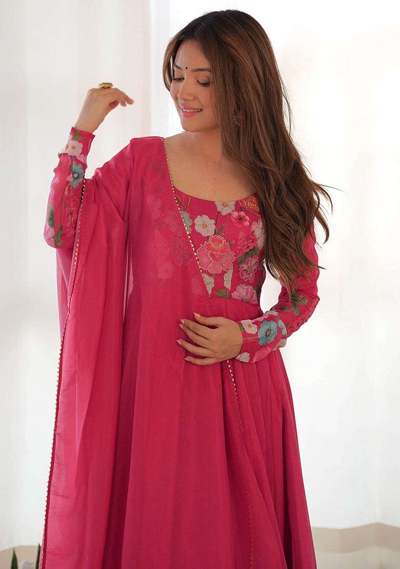 Pink Floral Print Organza Kurta Set - Indya