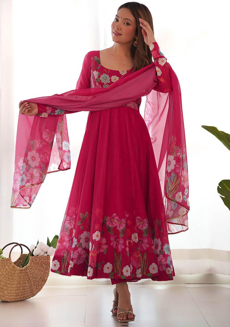 Pink Floral Print Organza Kurta Set