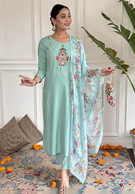 Sky Blue Floral Print Rayon Kurta Set