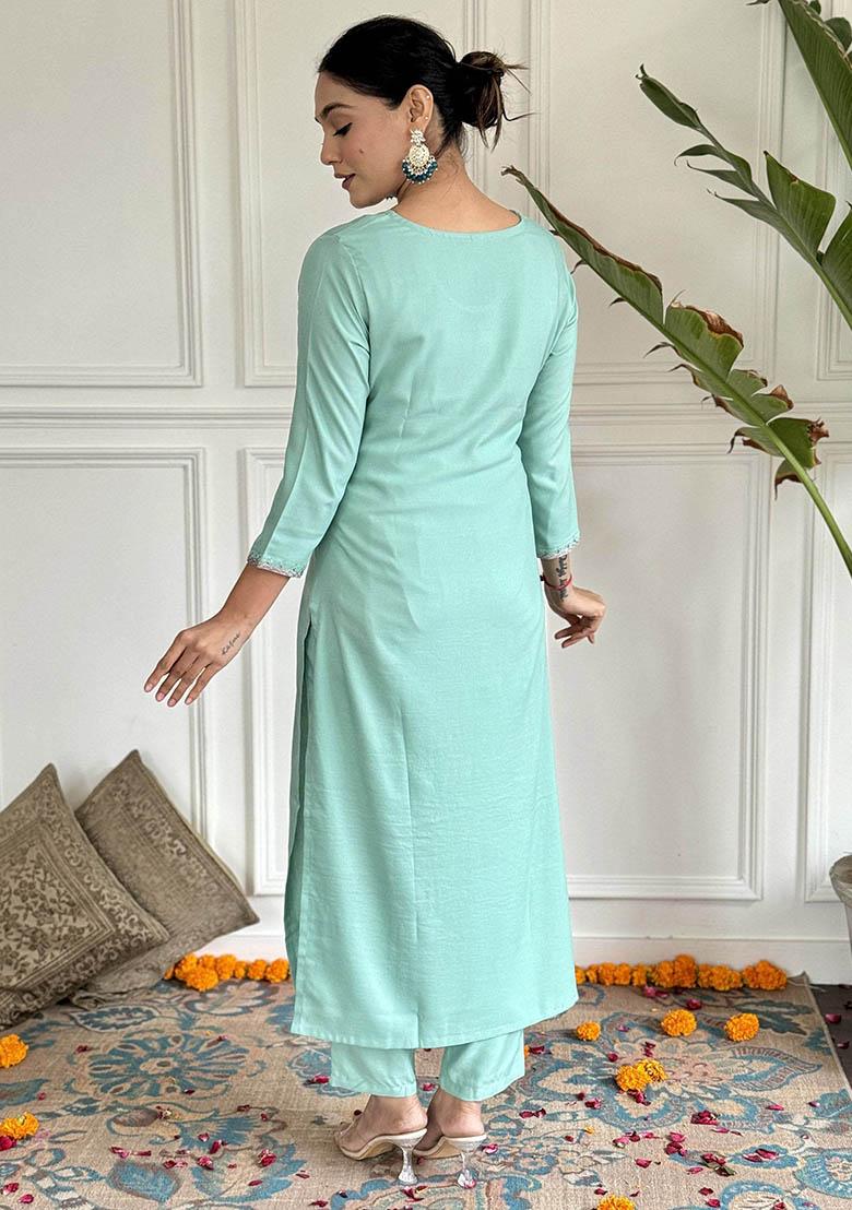 Sky Blue Floral Print Rayon Kurta Set