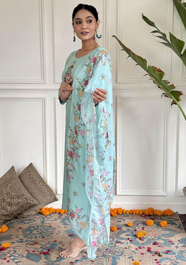 Sky Blue Floral Print Rayon Kurta Set