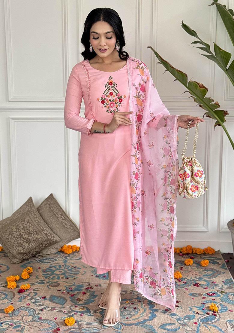 Peach Floral Print Rayon Kurta Set