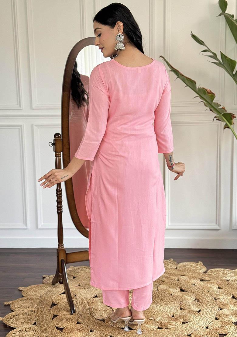 Pink Embroidered Rayon Kurta Set