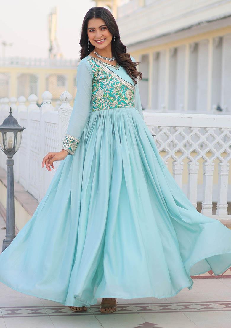 Blue Bandhani Print Chinon Anarkali Set