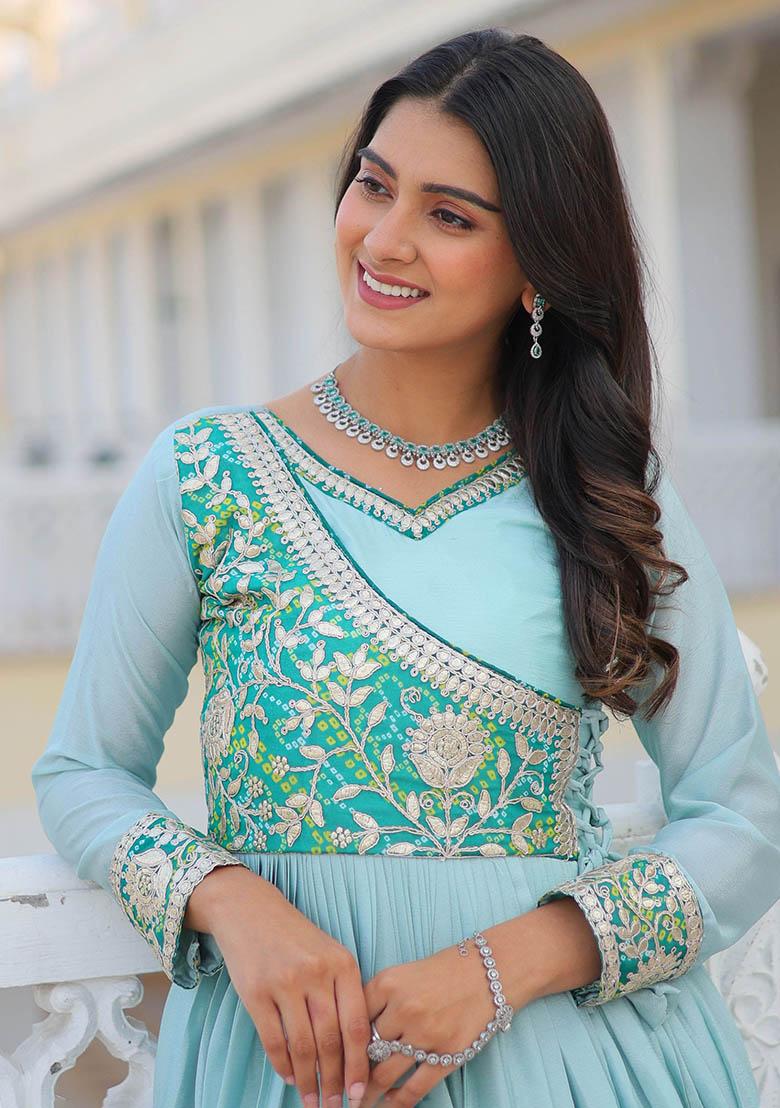 Blue Bandhani Print Chinon Anarkali Set